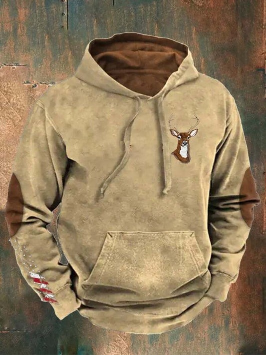 Men's Vintage Color-Brushed Western Elk Print Hoodie