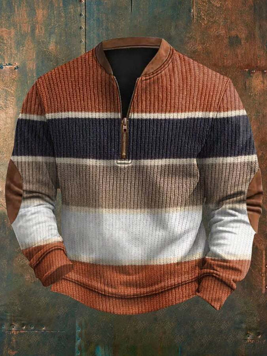 Men's Retro Colorblock Cable Pattern Print Casual Pullover