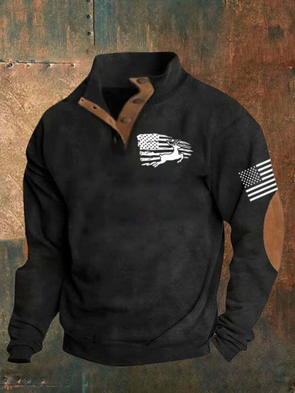 Men's American Flag And Deer Printed Stand Collar Button Sweatshirt