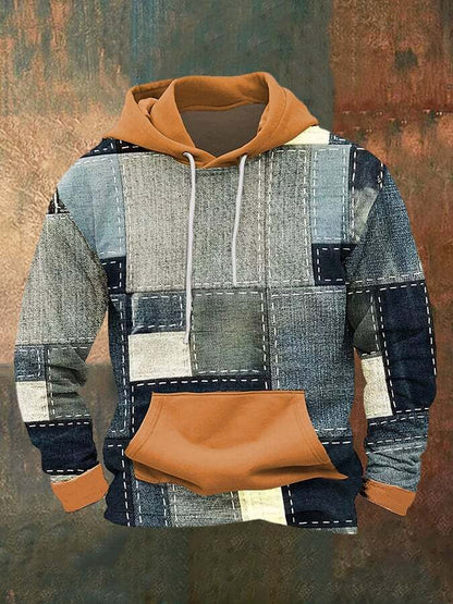 Men's Vintage Distressed Stitching Printed Hooded Sweatshirt