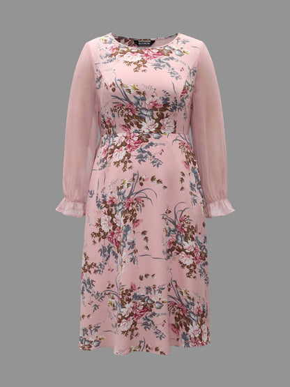 Floral Print Spliced Waist Cinched Midi Dress