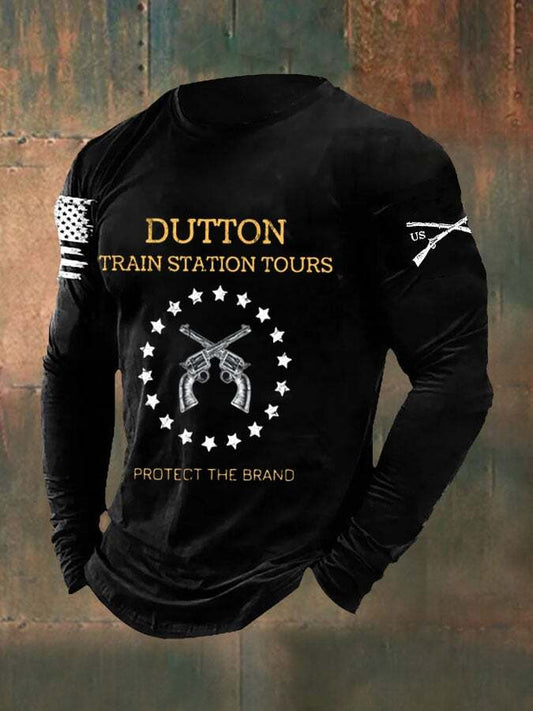 Men's Train Station Tour Protect the Brand Print Casual Long Sleeve T-Shirt