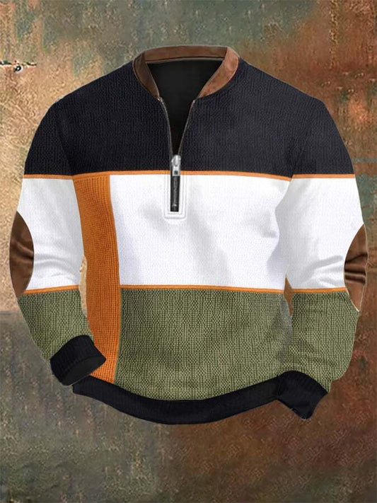 Men's Retro Western Textured Print Zip Collar Sweatshirt
