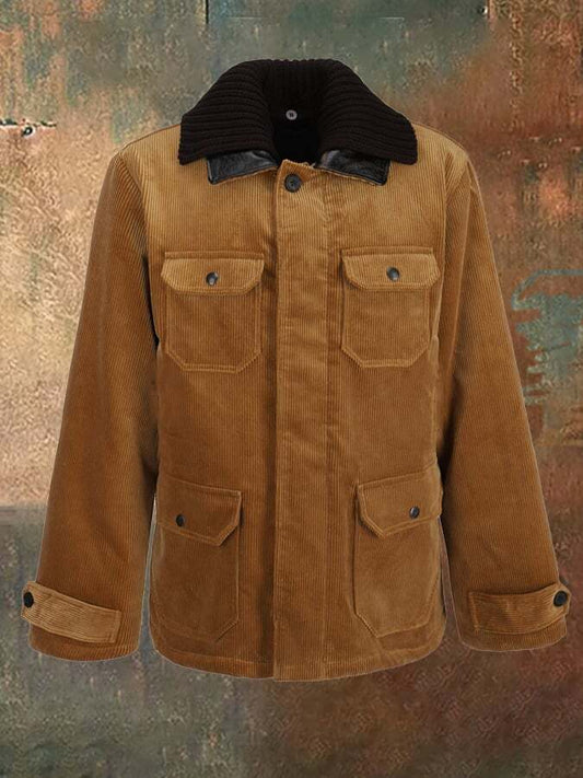 Men's Retro Western Corduroy Double Collar Detachable Multi-Pocket Functional Jacket