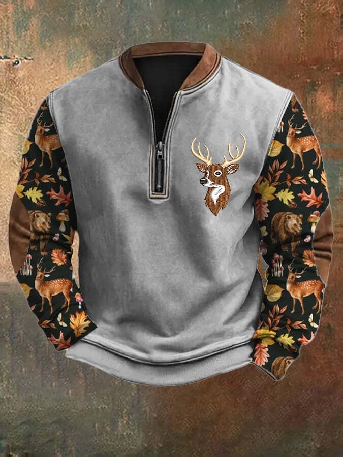 Men's Casual Vintage Elk Contrast Zip-Up Sweatshirt