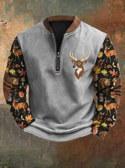 Men's Casual Vintage Elk Contrast Zip-Up Sweatshirt