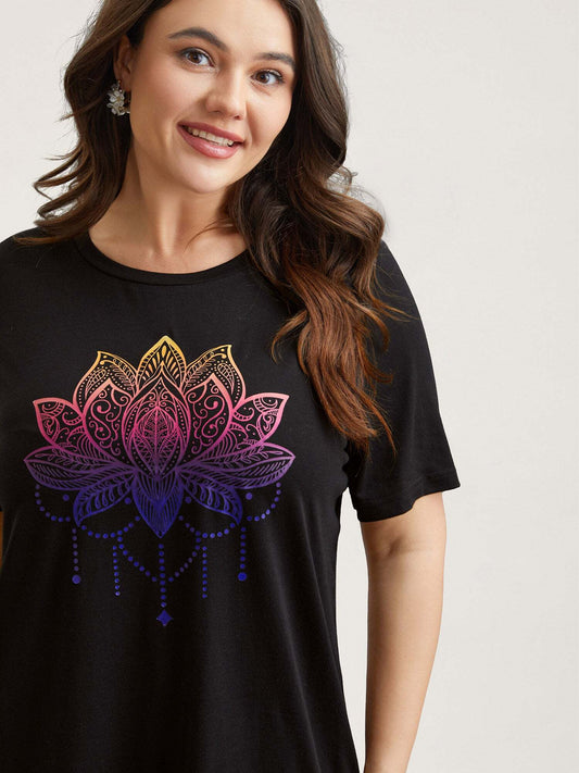 Floral Motif Crew Neck Fitted T-Shirt