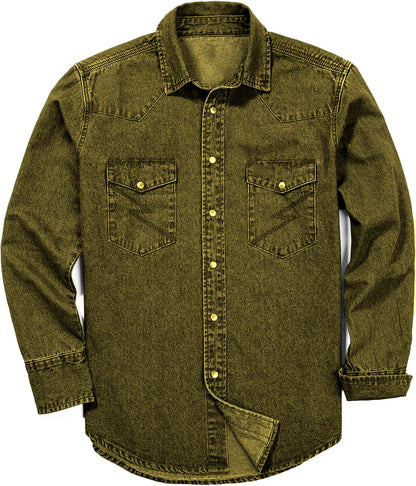 Men's Long Sleeve Stone-Washed and Pre-Washed Denim Work Shirt(The buttons on this shirt are snap buttons)