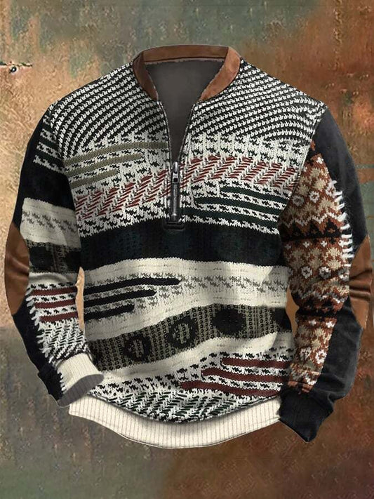 Men'S Retro Print Casual Zip Sweater