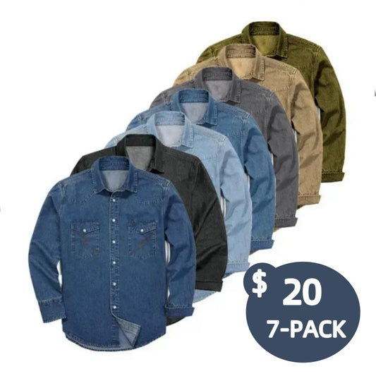 Men's Long Sleeve Stone-Washed and Pre-Washed Denim Work Shirt(The buttons on this shirt are snap buttons)