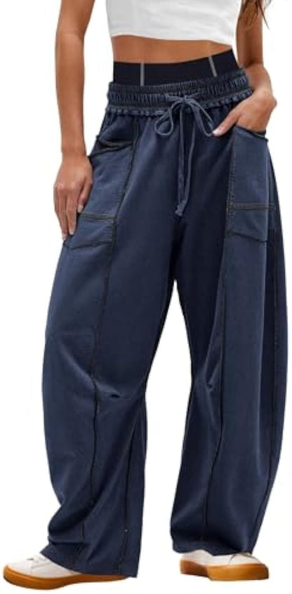 Women's Baggy Barrel Pants Wide Leg Lounge Drawstring Sweatpants with Pockets