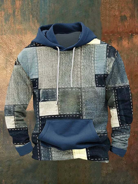 Men's Vintage Distressed Stitching Printed Hooded Sweatshirt