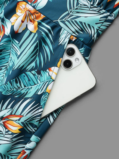Tropical Flower Print Pockets One-Piece Swimsuit