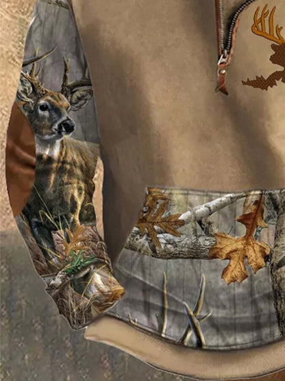 Men's Casual Vintage Elk Zip-Up Sweatshirt