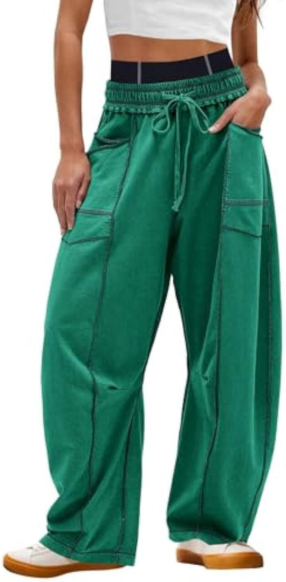Women's Baggy Barrel Pants Wide Leg Lounge Drawstring Sweatpants with Pockets