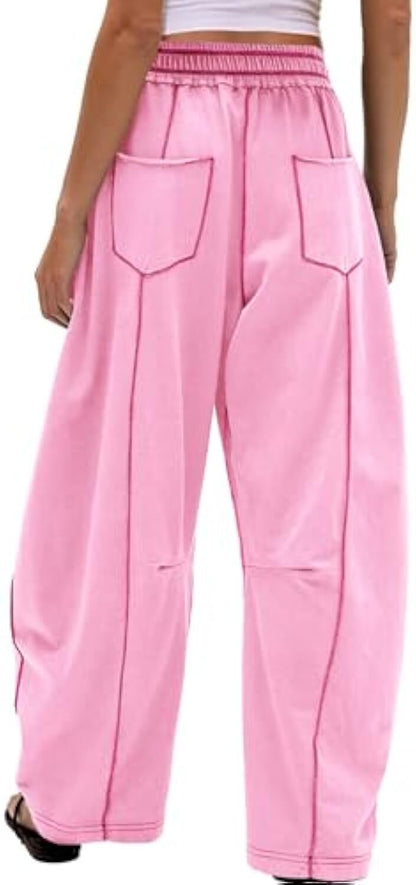 Women's Baggy Barrel Pants Wide Leg Lounge Drawstring Sweatpants with Pockets
