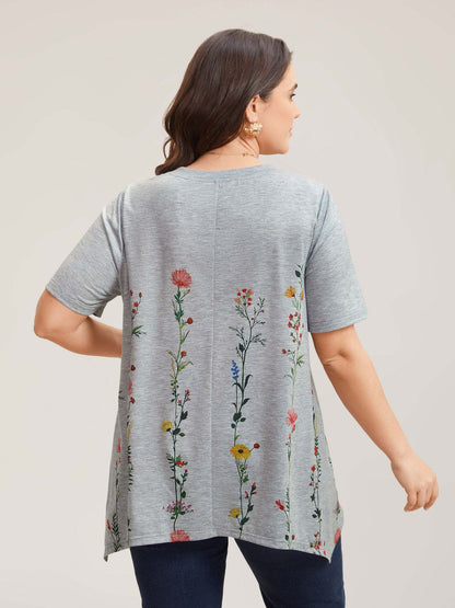 Stretchy Hi-Low Hem Floral T-Shirt