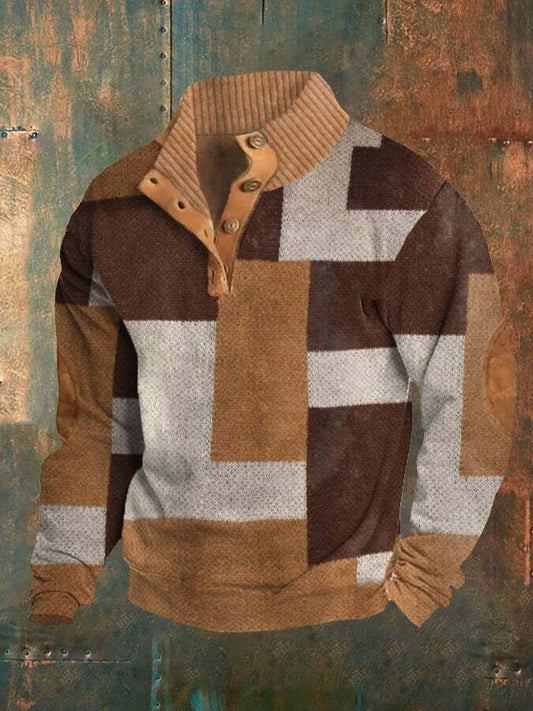 Men's Retro Colorblock Print Casual Buttons Pullover