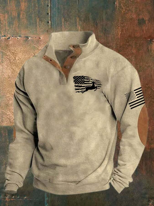 Men's American Flag And Deer Printed Stand Collar Button Sweatshirt