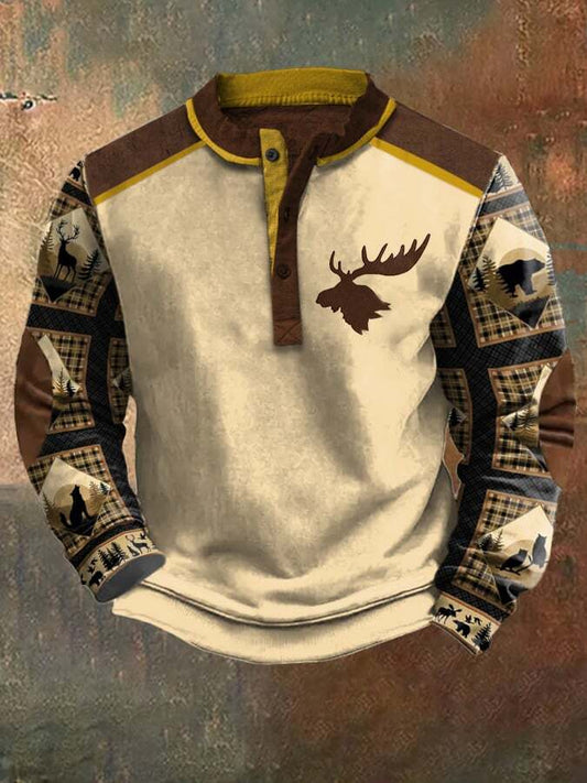 Men's Casual Vintage Contrast Elk Western Sweatshirt
