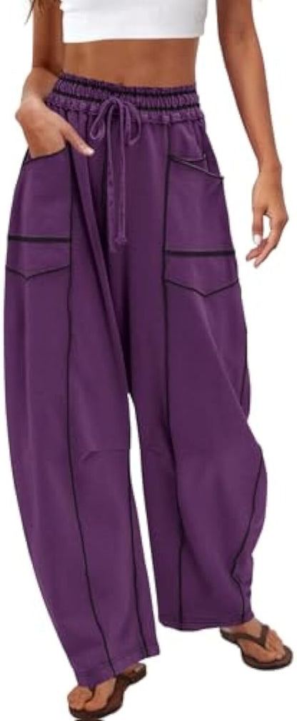 Women's Baggy Barrel Pants Wide Leg Lounge Drawstring Sweatpants with Pockets