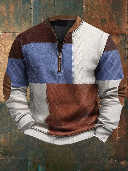 Men's Retro Western Textured Print Zipper Neck Knit Sweatshirt