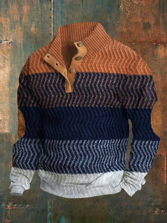 Men's Retro Colorblock Cable Pattern Print Casual Buttons Pullover