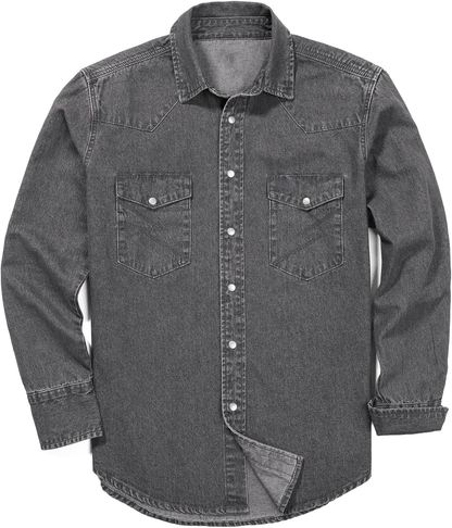 Men's Long Sleeve Stone-Washed and Pre-Washed Denim Work Shirt(The buttons on this shirt are snap buttons)