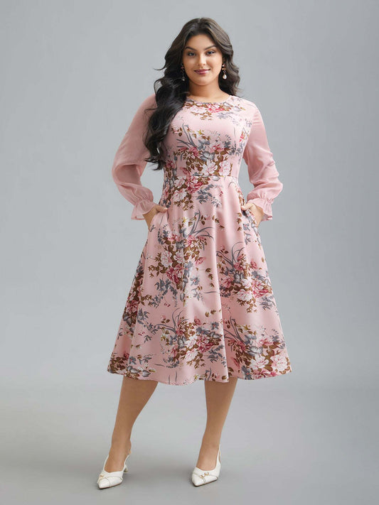 Floral Print Spliced Waist Cinched Midi Dress