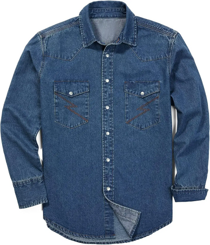 Men's Long Sleeve Stone-Washed and Pre-Washed Denim Work Shirt(The buttons on this shirt are snap buttons)