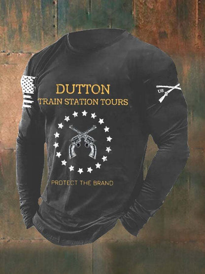 Men's Train Station Tour Protect the Brand Print Casual Long Sleeve T-Shirt