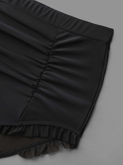 Ruched Mesh Seamed Ruffle Trim Swim Bottoms