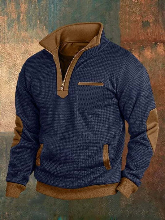 Men's Jacquard Check Fabric Stand Collar Sweatshirt
