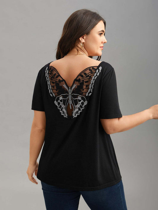 Butterfly Back Stretchy Round Neck T-Shirt